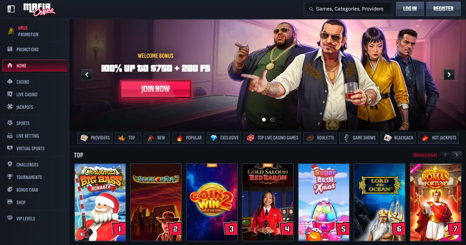 Mafia Casino frontpage showing welcome bonus offer, top online pokies and site navigation